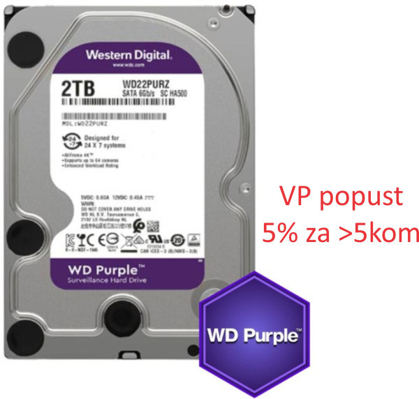 HDD 3.5 ** 2TB WD22PURZ WD Purple 24/7 5400RPM 256MB SATA3