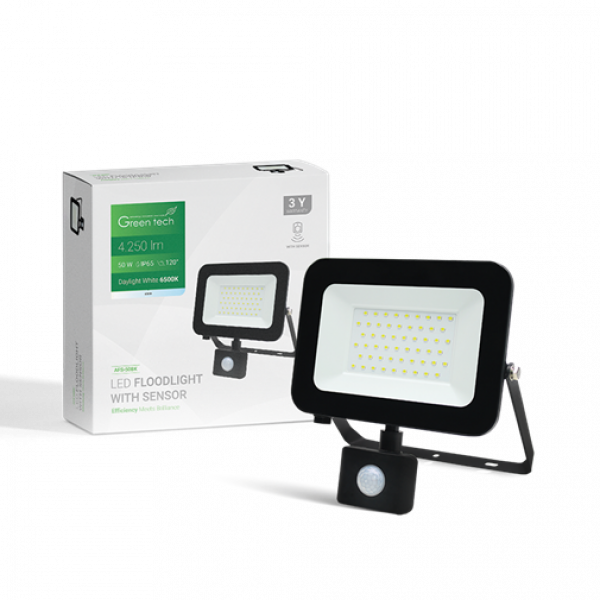 LED REFLEKTOR SA SENZOROM 50W 6500K 4250lm IP65 CRNI GREEN TECH