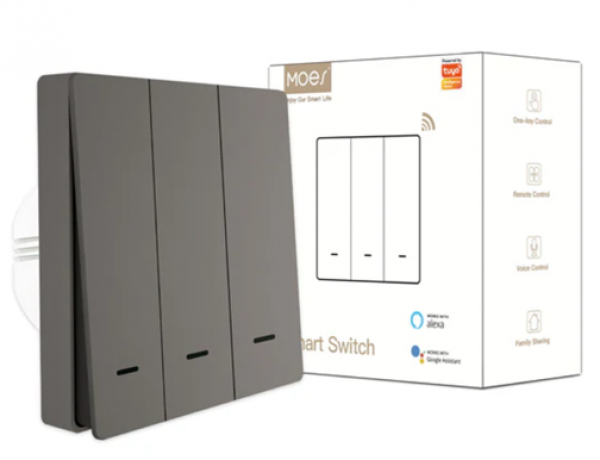 SMART ZIGBEE MOES PAMETNI PREKIDAC SA 3 PREKIDACA SIVI ZS-B-EU3-GY-MS