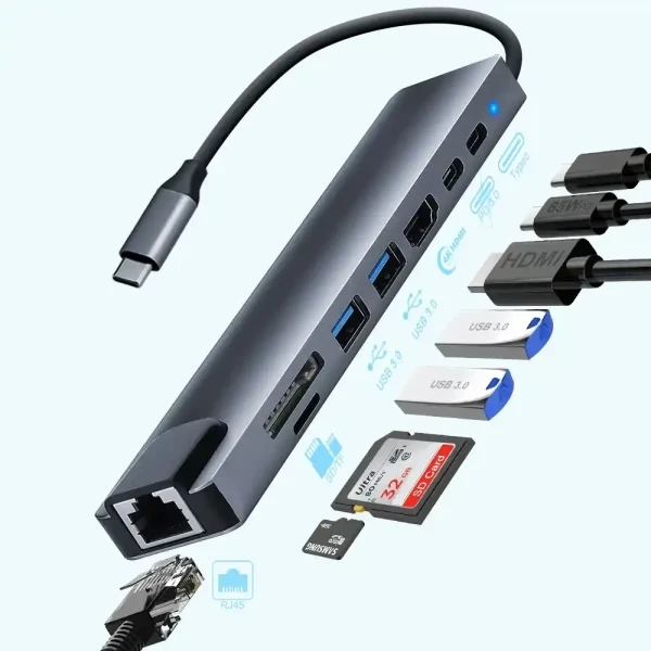 Adapter-konverter Zeus 8 in 1RJ45SD readrMicro SD readeUSB 3.0 x 2HDMIUSB-CUSB-C PD