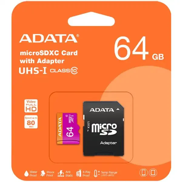 ADATA Micro SD Card 64GB + SD adapter AUSDX64GUICL10-RA1class10