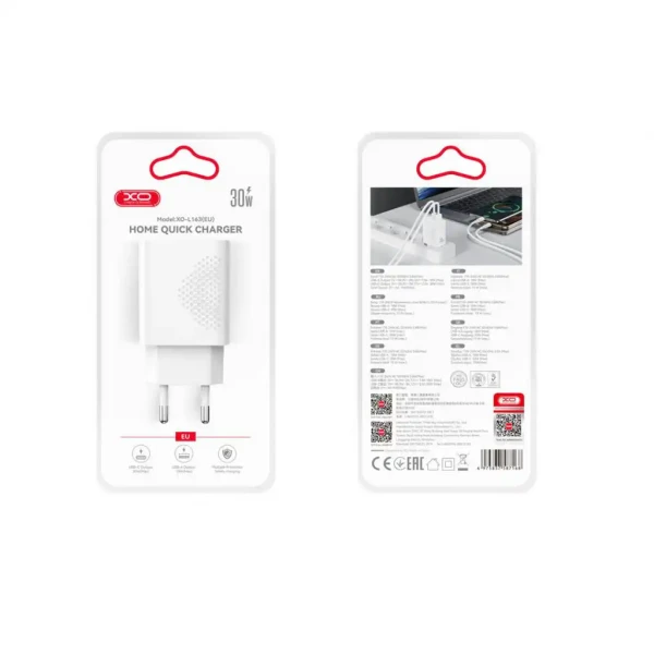 XO L163 kućni punjač 30W – USB-C + USB-A brzo punjenje (PD)